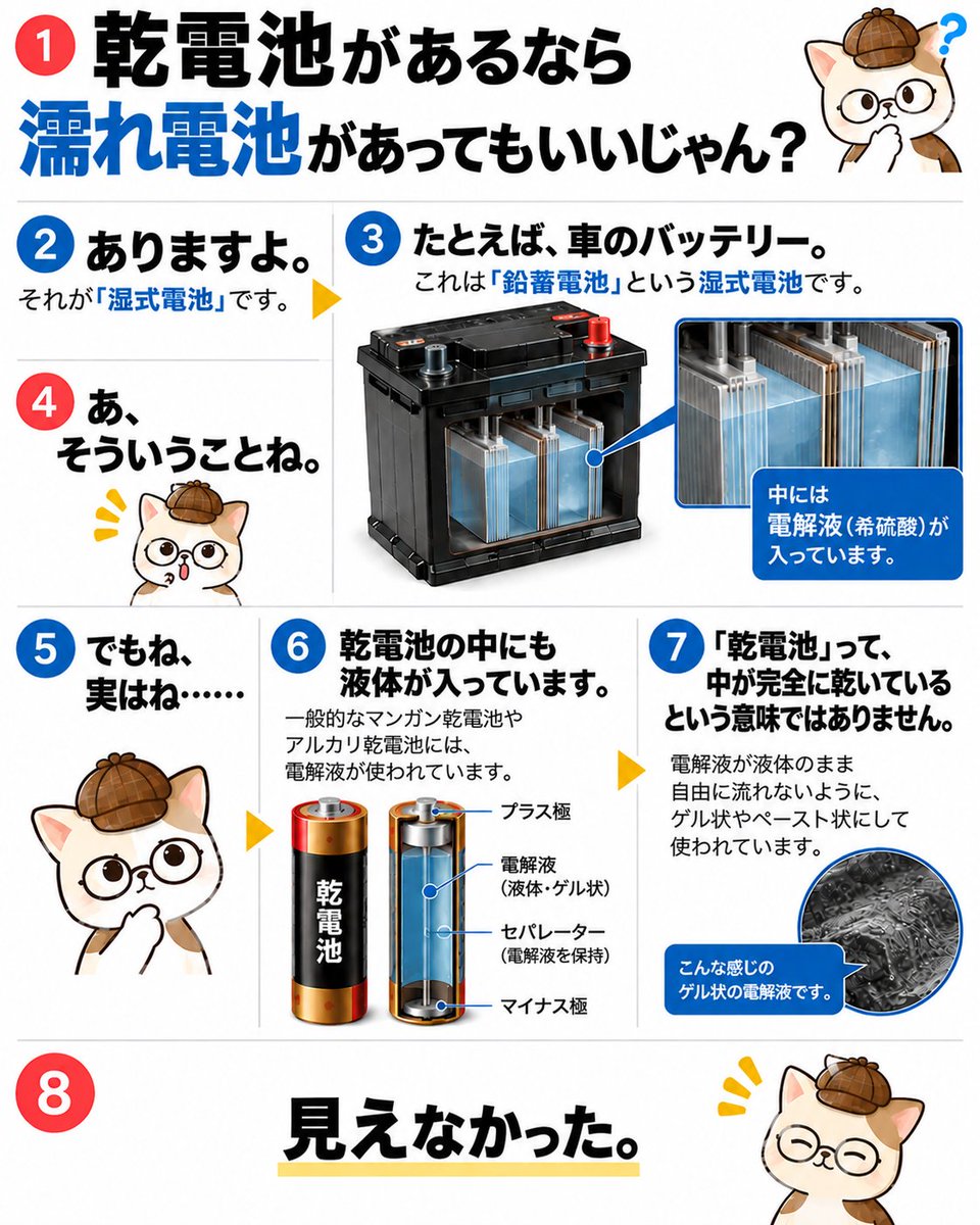 shiraberu_neko's tweet photo. 「乾電池があるなら、湿電池があってもいいじゃん？」

そう思ったこと、ありませんか？

実はあります。
それが「湿式電池」です。
たとえば、車のバッテリーに使われる鉛蓄電池も湿式電池のひとつ。

「じゃあ乾電池は、中が完全に乾いているの？」

……と思ったら、そうでもありません。

一般的なマンガン乾電池やアルカリ乾電池にも、電解液が使われています。

ただし、電解液が液体のまま自由に流れないように、ペースト状やゲル状などにして使っているんです。

「乾電池」って、
中身まで完全に乾いているという意味ではなかったんですね🐾

#雑学 #電池 #しらべるねこ