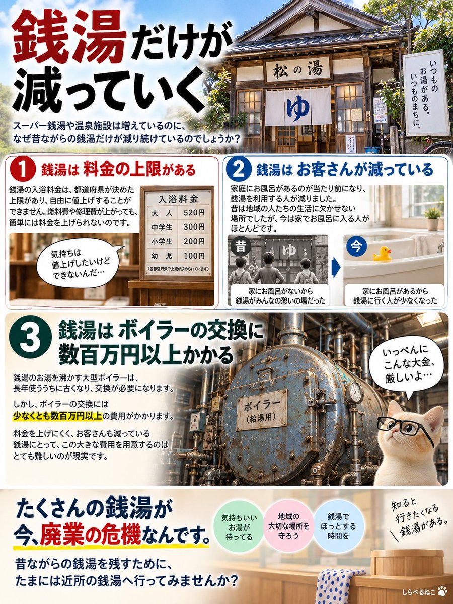 shiraberu_neko's tweet photo. 「銭湯だけが減っている」って、ちょっと不思議じゃないですか？

スーパー銭湯や温泉施設は増えているのに、昔ながらの銭湯は減り続けています。

しらべるねこが調べてみると、料金の上限や利用者の減少など、いくつもの理由がありました。

でも、特に大きな足かせになっているのがボイラーです。

銭湯のお湯を沸かす大型ボイラーは、長年使えば老朽化して交換が必要になります。

ところが、その交換には数百万円以上かかることも。

お客さんが減っていて、料金も簡単には上げられない。
そんな状況で、突然やってくる大きな設備投資。
「一度にこんな大金、厳しいよ……」

これが、昔ながらの銭湯にとって大きな足かせになっているんですね。

昔ながらの銭湯を残すには、ただお客さんが来るだけではなく、こうした設備の維持も必要なんです。

たまには近所の銭湯へ、行ってみませんか🐾

#雑学 #銭湯 #しらべるねこ
