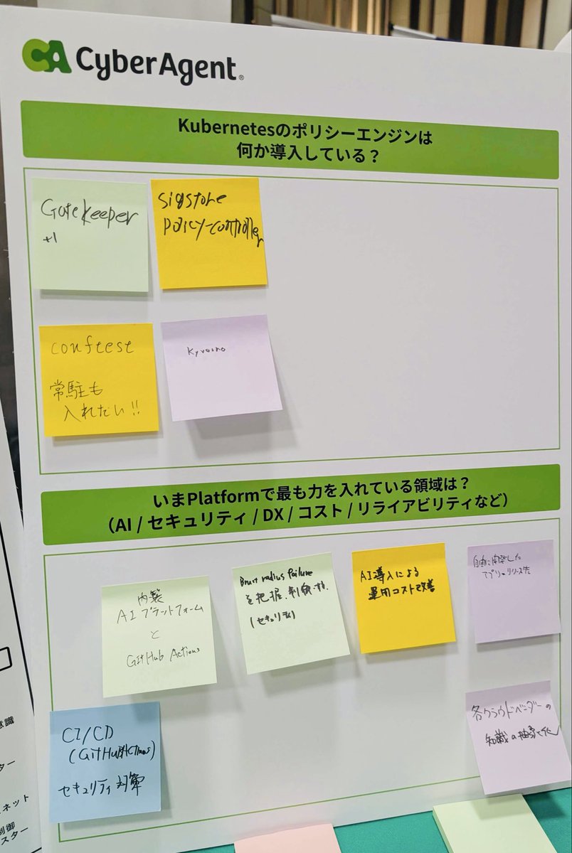 ca_developers's tweet photo. 「Platform Engineering Kaigi 2026」サイバーエージェントブースでは、参加者の皆様に特別アンケート企画を実施中！
ぜひ当社エンジニアとお話しましょう🙋

限定ノベルティも残りわずかとなりましたので、皆様お早めにお立ち寄りください✨

#PEK2026 https://t.co/ugU1gnotYW
