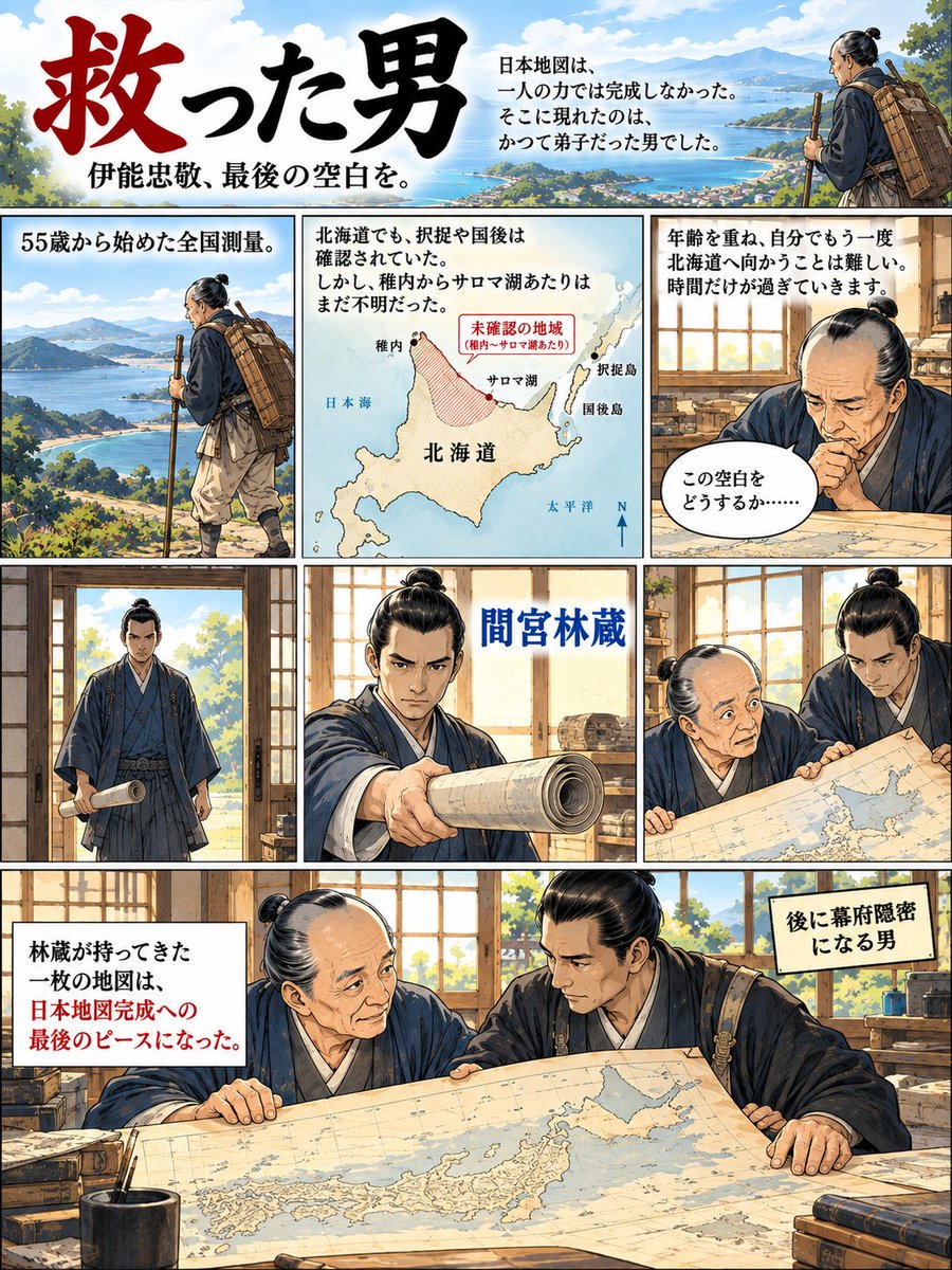 shiraberu_neko's tweet photo. 「日本地図を完成させたのは、伊能忠敬だけではありませんでした。」

55歳から全国測量を始めた伊能忠敬。
しかし、北海道にはまだ確認できていない空白が残っていました。
そこに現れたのが、かつての弟子・間宮林蔵です。

林蔵は蝦夷地を測量し、さらに樺太へ渡ります。
そして樺太と大陸の間に海峡があることを確認。

この海峡は、後に「間宮海峡」と呼ばれるようになりました。
林蔵が持ち帰った一枚の地図は、伊能図完成への最後のピースになったともいわれています。

しかし、林蔵の活躍はここで終わりません。

その後は、幕府の隠密として活動したとする説もあり、ロシアとの緊張が高まっていた北方で情報収集にも関わっていきます。

ゴローニン事件など、ロシアとの外交が緊張する場面でも、その存在が記録に残っています。

日本地図の空白を埋めた男。

その後は、北の国境とロシアをめぐる歴史にも関わっていった。

伊能忠敬の「最後の空白」を埋めたのは、かつての弟子でした🐾

#雑学 #歴史 #しらべるねこ