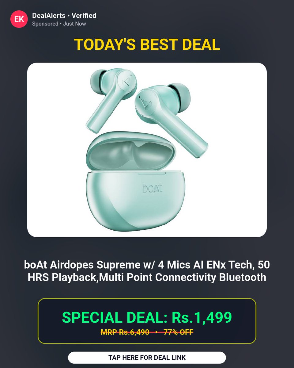 BanotaRajesh's tweet photo. Lowest price we've seen so far. boAt Airdopes Supreme 4 Mics Earbuds ₹1499 Offer

Rs.1499 (was Rs.6490)

Buy Now: https://t.co/S0zBprc1FF https://t.co/fp1Ni2FzV0