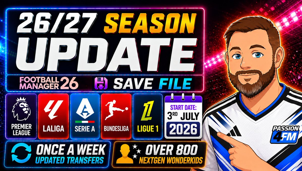 franklyfm84's tweet photo. So This Is It!!!
The final update of the 26/27 Season Update Save is now live!!

This version fixes some issues around player registrations, first team issues, ca/pa, finances and a few other minor tweaks... Hope you all enjoy your new saves!!!

#fm26 #fm27 #footballmanager26 https://t.co/0yeIRom4pp