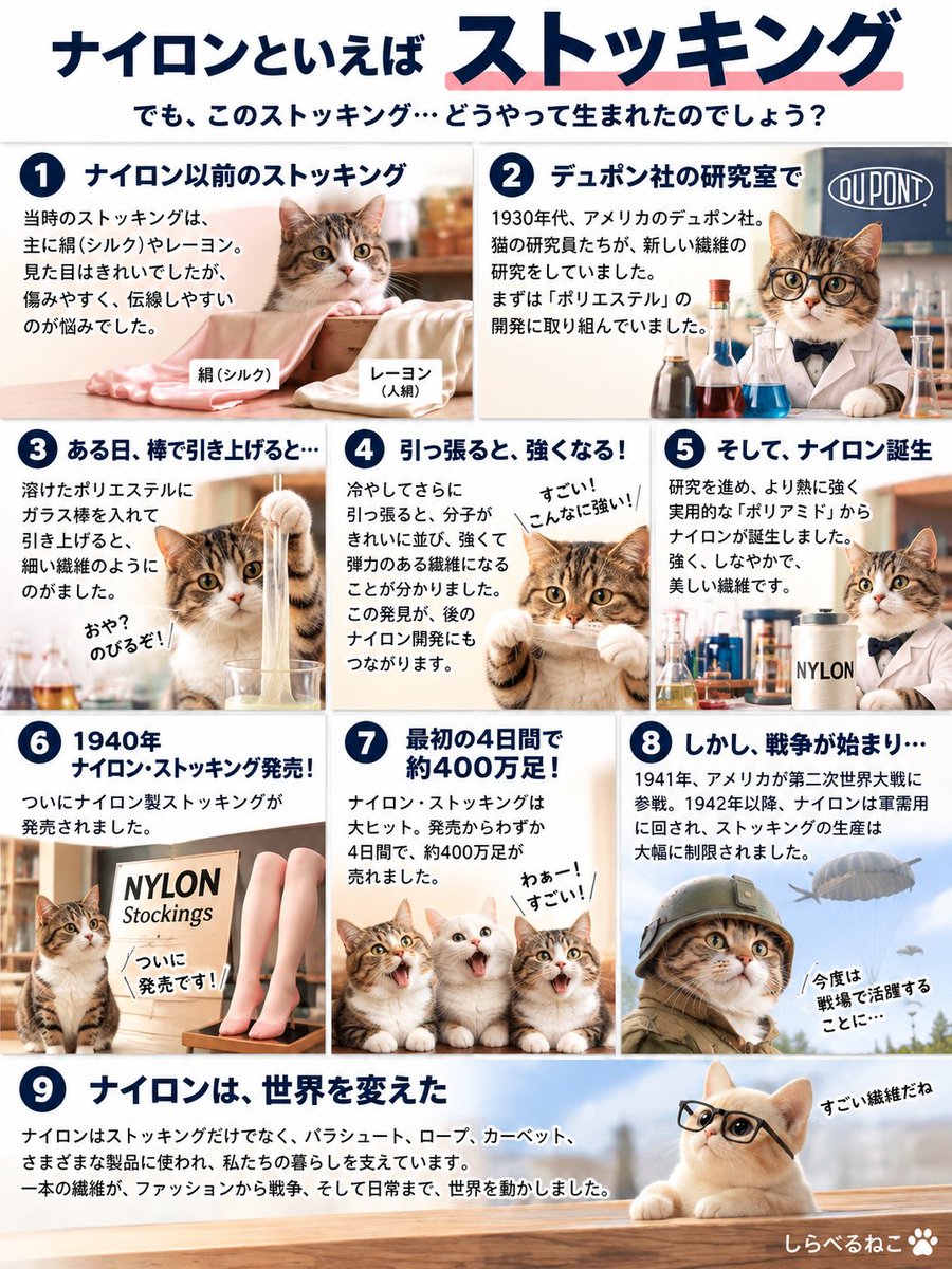 shiraberu_neko's tweet photo. あなたはストッキングの始まりを知っていますか？

1930年代、デュポン社の研究室で新しい合成繊維の研究が始まりました。

そこで見つかったのが、強くて、しなやかで、細くできる繊維。

それが「ナイロン」でした。

1940年にはナイロン・ストッキングが発売され、なんと発売からわずか4日間で約400万足が売れる大ヒットに。

ところが、翌年に第二次世界大戦が始まると状況は一変。

ナイロンはパラシュートやロープなど、軍需品に使われるようになり、ストッキングの生産は大幅に制限されました。

ファッションのために生まれたように見える一本の繊維が、戦争にも使われ、やがて私たちの日常を支える素材になっていく。

ナイロンって、思っていた以上にすごい繊維だったんですね🐾

#雑学 #ナイロン #しらべるねこ