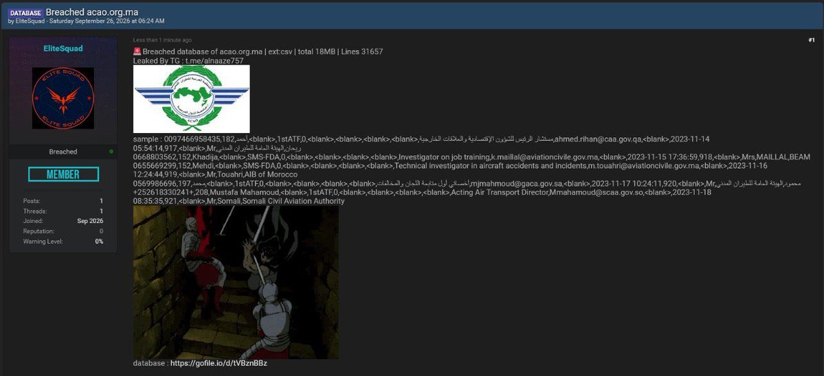 CyberPulse56's tweet photo. ‼️🇲🇦 ALLEGED DATABASE LEAK – https://t.co/jpCcltbsGz

Threat actor EliteSquad claims to have breached https://t.co/QhkQpsgkLD, allegedly exposing a CSV database.

📊 Claimed dataset:
• 31,657 records/lines
• 18 MB CSV file
• Aviation-sector personnel information
• Names, job roles & organizational details
• Work email addresses & phone numbers
• Investigation/training-related information
• Records allegedly referencing aviation authorities in Morocco and other countries

The post includes samples containing aviation personnel and civil aviation authority records.

⚠️ The alleged breach, dataset authenticity, record count, provenance and scope of exposure have not been independently verified. Personal contact details are not reproduced.

#CyberSecurity #DataBreach #DataLeak #Morocco #Aviation #ThreatIntelligence #OSINT