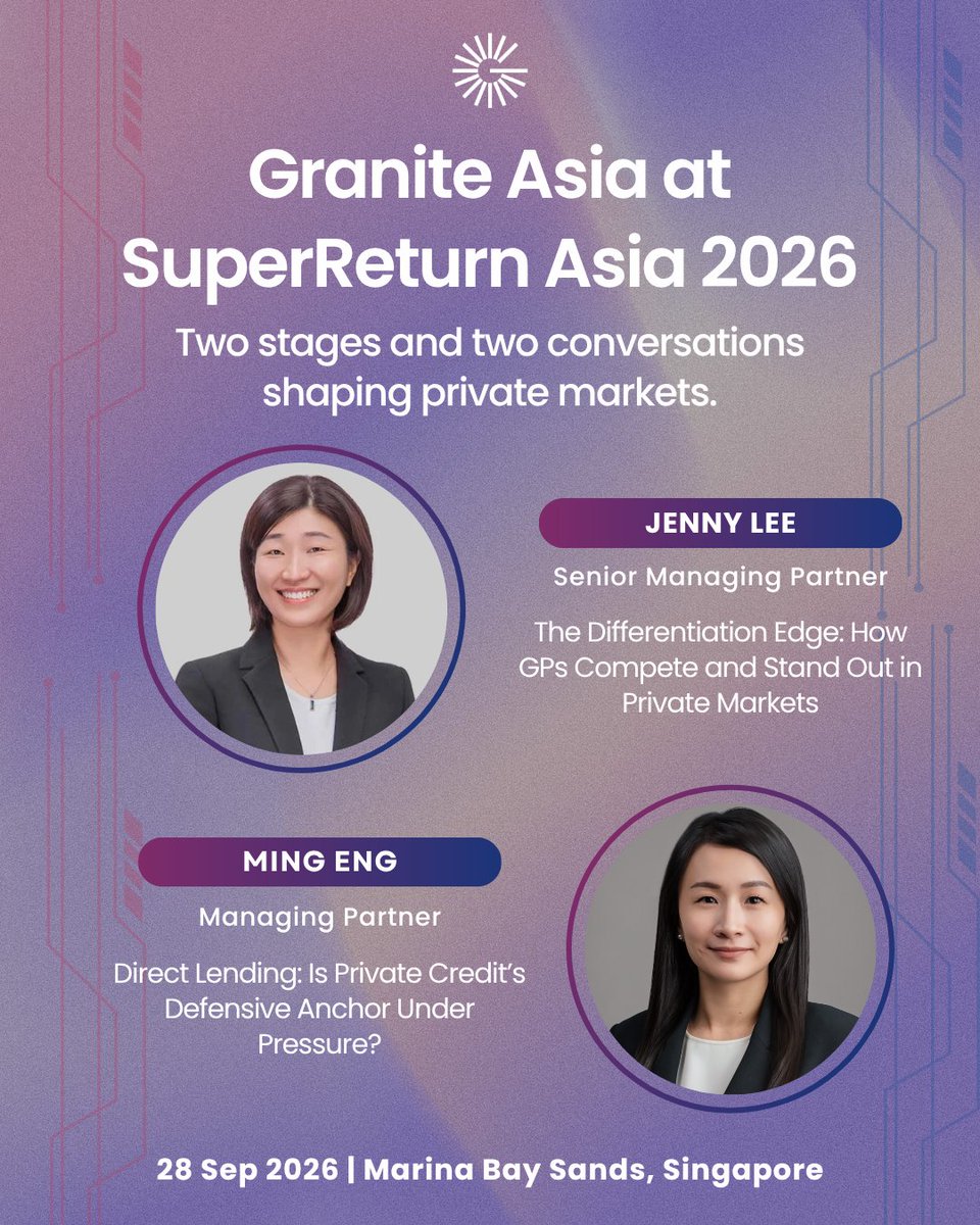 graniteasia's tweet photo. We're at @SuperReturn Asia 2026! Granite Asia will be on stage twice: @jennyleehw on GP value creation &amp; AI-driven alpha, and Ming on private credit at the Credit Summit.

See you there: https://t.co/bez0GF7QM4

#PrivateMarkets https://t.co/QBZQtk3KKa
