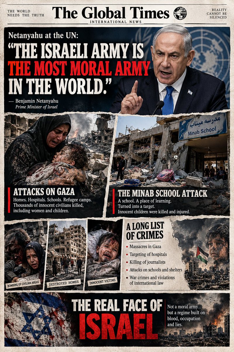 _H_adi_s_13_90_'s tweet photo. THE WORLD NEEDS THE TRUTH The world needs the truth.

REALITY CANNOT BE SILENCED

### Netanyahu at the UN:

“THE ISRAELI ARMY IS THE MOST MORAL ARMY IN THE WORLD.”

— Benjamin Netanyahu

Not a moral army, but a regime built on blood, occupation and lies.
#MostMoralArmy https://t.co/sgfIHKYslP