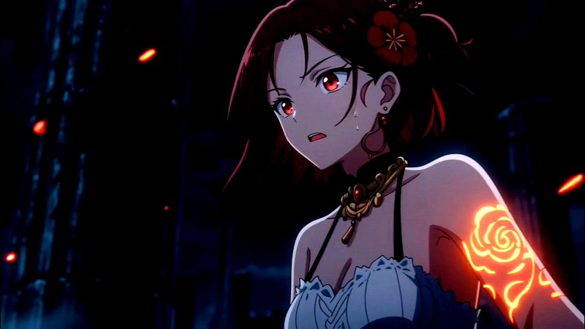 An anime-style young woman with glowing red eyes and a fiery orange emblem on her arm looks distressed, with floating embers in the dark background. The image appears to be a reference to Wan-san's distinctive art style, which the post's author is struggling to replicate while experimenting with prompting techniques for AI-generated animation.
