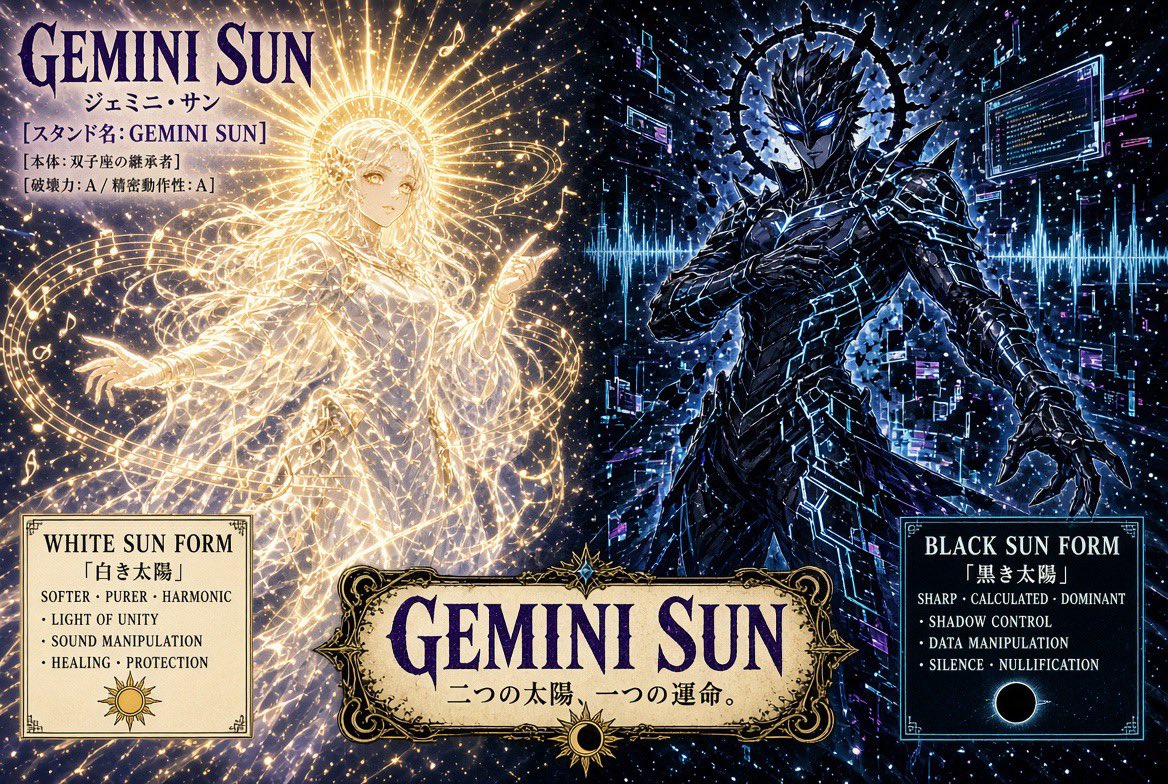 sunco_tton's tweet photo. Grokと一緒に考えた、真綿利太陽のスタンド「ジェミニ・サン」です☀️🌑
左がホワイト・サン、右がブラック・サン。
二面性を意識して作ってもらいました✨
意外と気に入っています😎
#ジョジョの奇妙な冒険 #スタンド #オリジナルスタンド #ジェミニサン https://t.co/ftRCJfCU8t