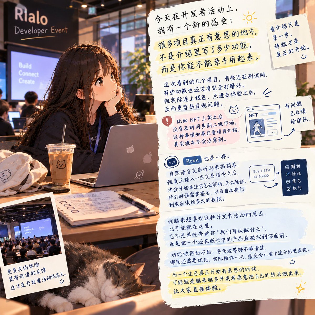 huang32239's tweet photo. 这周参加 Rialo 的开发者活动，有一个感受还挺明显的：

很多项目真正有意思的地方，不是介绍里写了多少功能，而是你能不能亲手用起来。

这次看到的几个项目，有些还在测试网，有些功能也还没有完全打磨好。

但实际连上钱包、点进去体验之后，反而更容易发现问题。

比如 NFT 上架之后没有及时同步到二级市场，这种事情如果只看项目介绍，其实根本不会注意到。

Rook 也是一样。

自然语言交易听起来很简单，但真正输入一条交易指令之后，才会开始关注它怎么解析、怎么验证、什么时候需要签名，以及自动执行到底应该给多大的权限。

我越来越喜欢这种开发者活动的原因，也可能就在这里。

它不是单纯告诉你“我们可以做什么”，而是把一个还在成长中的产品直接放到你面前。

功能做得好不好、安全边界够不够清楚、哪里还需要优化，实际操作一次，感受会比看十遍介绍更直接。

而一个生态真正开始有意思的时候，可能就是越来越多开发者愿意把自己的想法做出来，让大家直接体验。

这也是这周看完这些项目之后，觉得 Rialo 生态比较有意思的一点。
@RialoHQ
