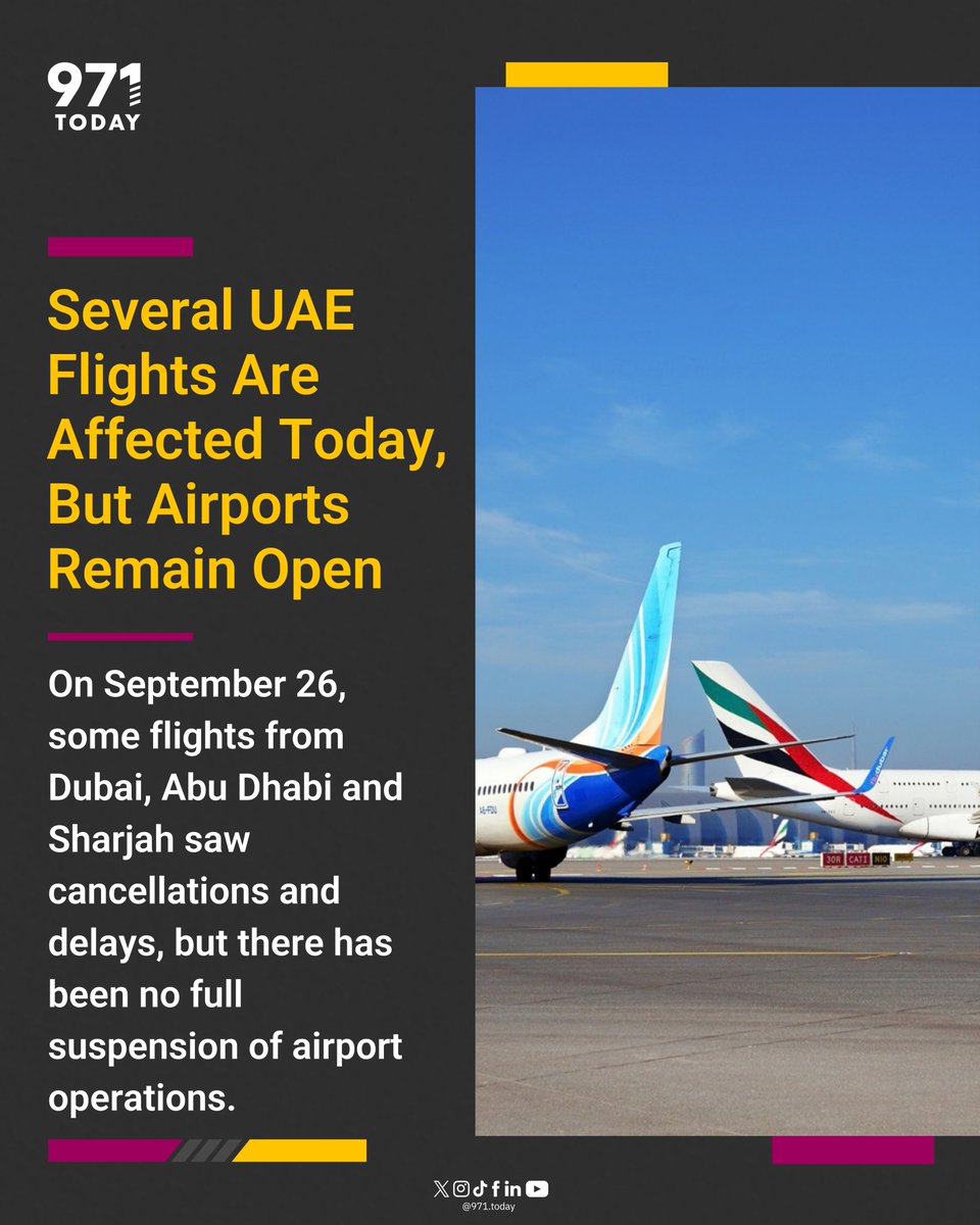 971TODAYen's tweet photo. Flying from the UAE today? Some flights are delayed or cancelled. Check your exact flight status before heading to the airport. Swipe to know.

#971TODAY #UAEFlights #TravelUpdate #UAE https://t.co/6hSrGlPaqo