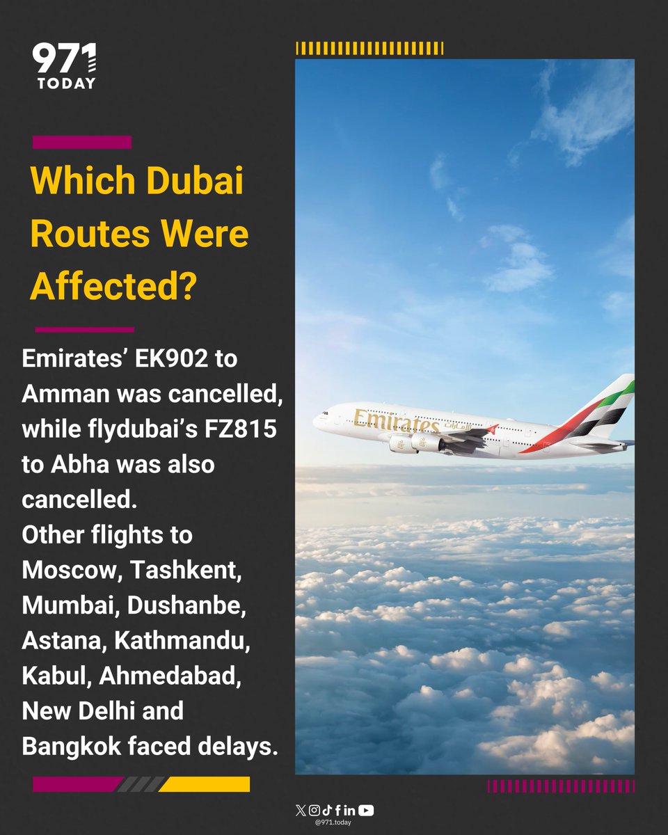971TODAYen's tweet photo. Flying from the UAE today? Some flights are delayed or cancelled. Check your exact flight status before heading to the airport. Swipe to know.

#971TODAY #UAEFlights #TravelUpdate #UAE https://t.co/6hSrGlPaqo