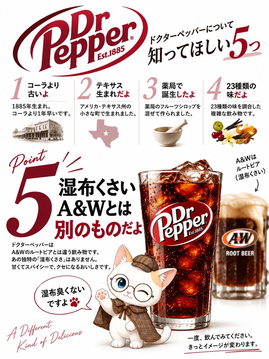 shiraberu_neko's tweet photo. ドクペって変な味や匂いがするって、間違えてる人いませんか？

ドクターペッパーを「湿布みたいな味」と言う人がいますが、実はこれ、別の飲み物と混同しているかもしれません。

ドクターペッパーは、1885年にアメリカ・テキサス州で生まれた炭酸飲料。

23種類のフレーバーを組み合わせた、独特の味が特徴です。

そして、よく「湿布みたい」と言われるのが、A&Wのルートビア。

この2つは別の飲み物です。

つまり、

ドクターペッパー＝湿布くさい

ではありません。

しらべるねこも、ここは間違えないように整理してみました。

「ドクターペッパーって湿布みたいだから苦手」

と思っていた方。

もしかしたら、一度ちゃんと飲み比べてみると印象が変わるかもしれません🐾

#雑学 #ドクターペッパー #しらべるねこ