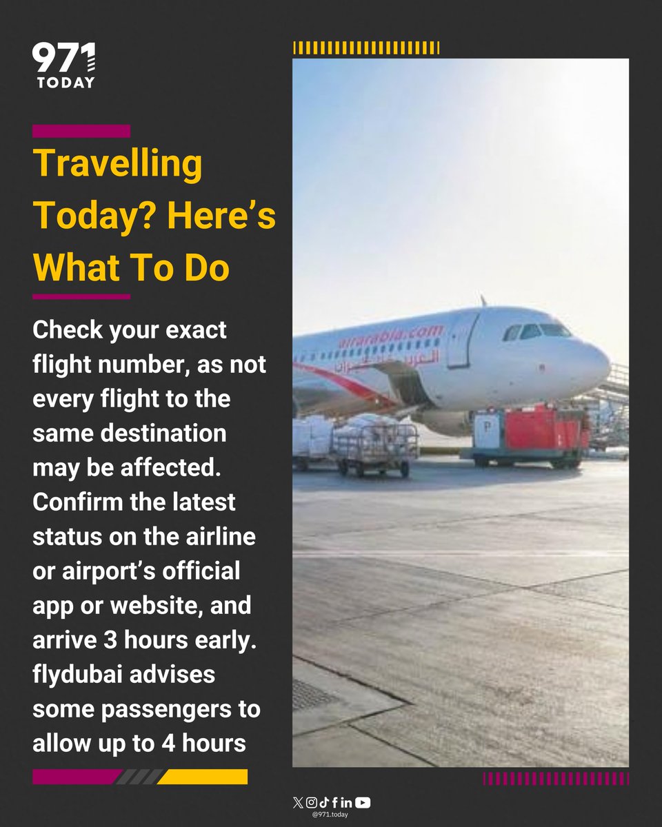 971TODAYen's tweet photo. Flying from the UAE today? Some flights are delayed or cancelled. Check your exact flight status before heading to the airport. Swipe to know.

#971TODAY #UAEFlights #TravelUpdate #UAE https://t.co/6hSrGlPaqo