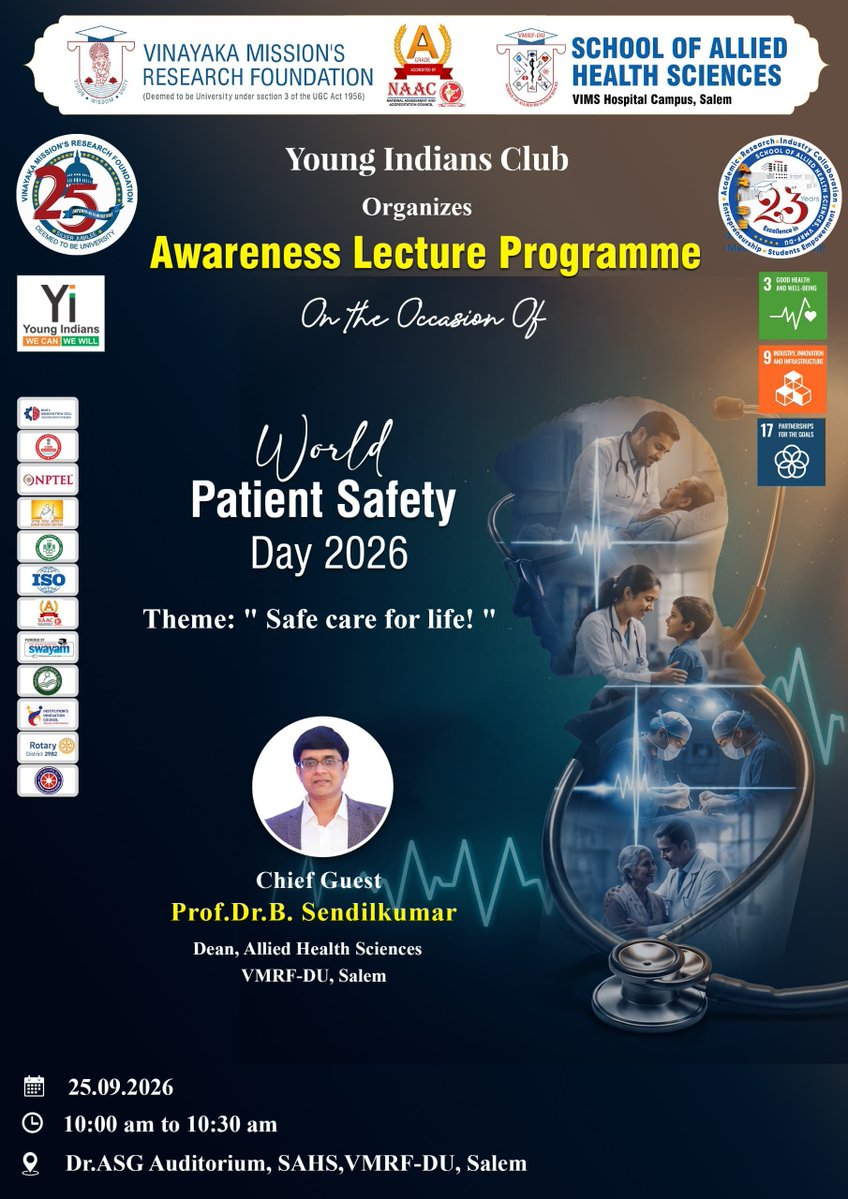 sahsvmrfsalem's tweet photo. On the occasion of World Patient Safety Day, an Awareness Programme was organized by the Young Indians Club at the School of Allied Health Sciences - VIMS Campus, Salem.
#WorldPatientSafetyDay #awareness #PatientSafety #healthcare #SafetyEnvironment https://t.co/8XGrA9evod