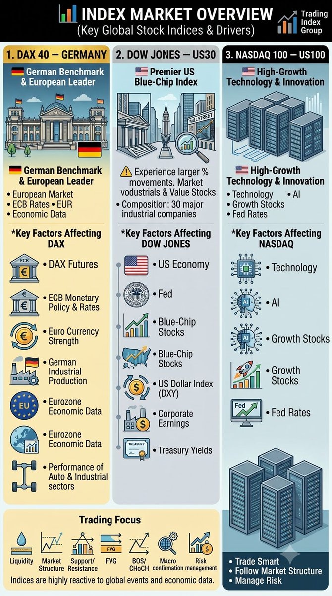 SanaSha18626308's tweet photo. 📊 #INDEX MARKET OVERVIEW

🇩🇪 #DAX — GERMANY
📈 European Market • #ECB Rates • #EUR • Economic Data
🇺🇸 #DOWJONES — #US30
🏭 Blue-Chip Stocks • US Economy • #Fed • Earnings

🇺🇸 #NASDAQ — #US100
💻 Technology • AI • Growth Stocks
Trade Smart • Follow Market Structure https://t.co/XXCWriOnEE