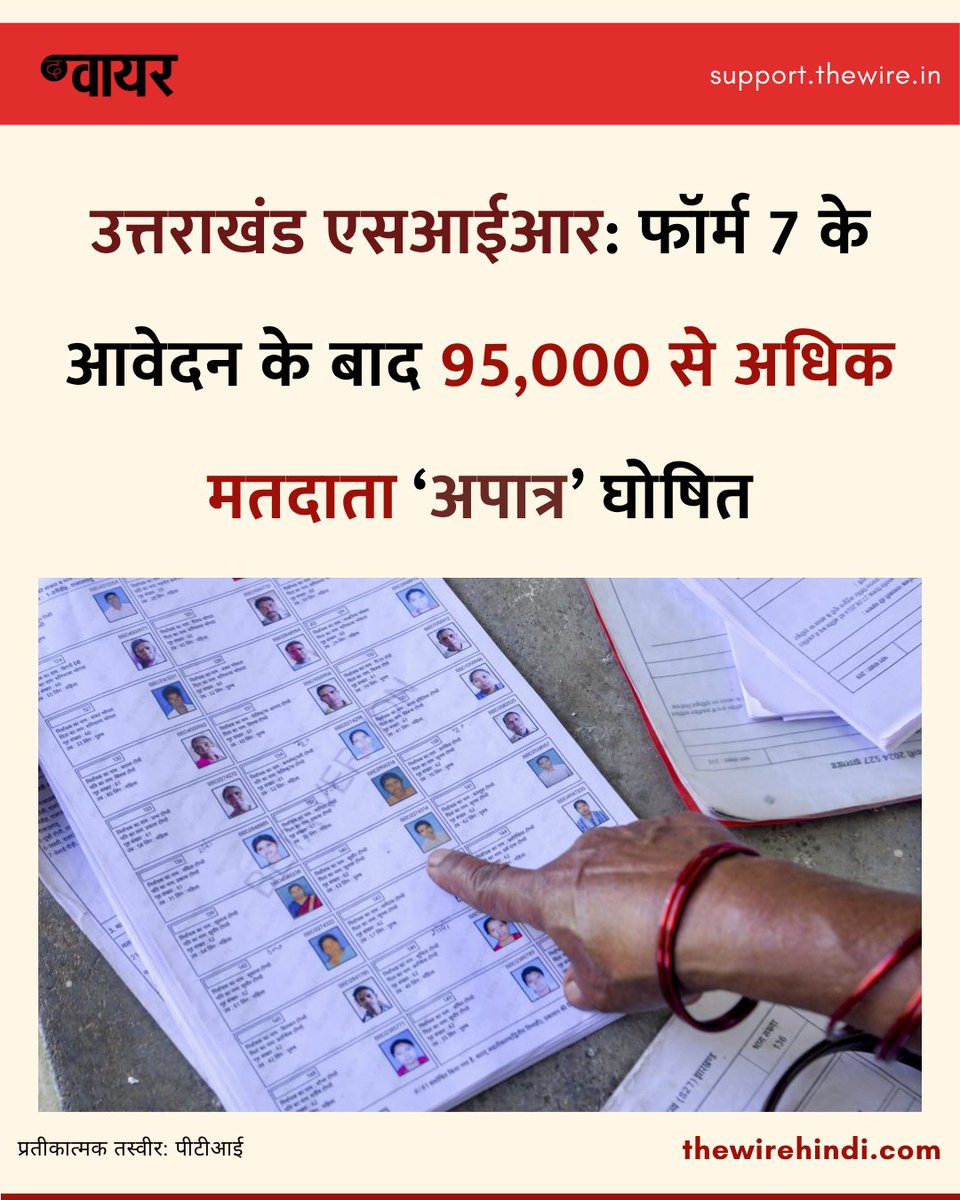 thewirehindi's tweet photo. उत्तराखंड में एसआईआर के दौरान 95 हज़ार से ज़्यादा मतदाताओं को 'अपात्र' घोषित किया गया है. करीब 1.73 लाख फॉर्म 7 आवेदनों में ये मामले सामने आए हैं. फॉर्म 7 का इस्तेमाल मतदाता सूची से किसी व्यक्ति का नाम हटाने के अनुरोध के लिए किया जाता है. 1/2 https://t.co/OF1Y5f5evC