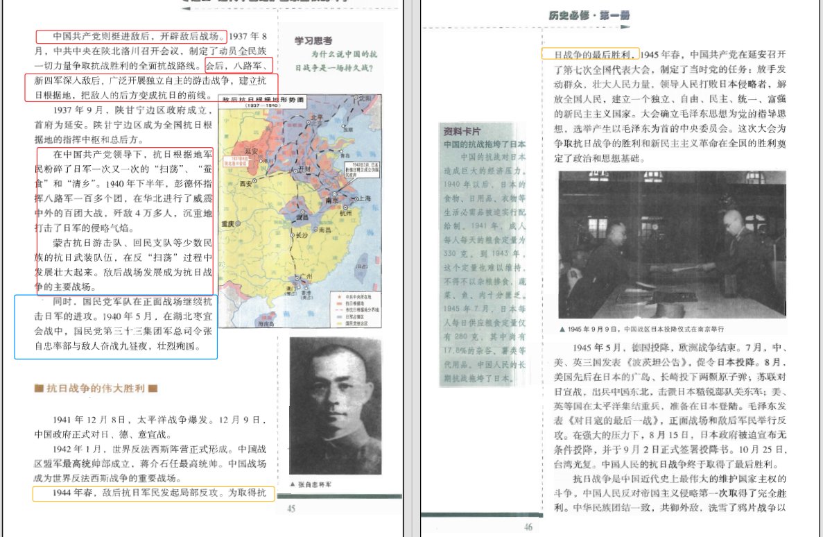 FocalorsOffice's tweet photo. 以下是人民出版社高中历史必修抗战史教学内容：
🟥红色:描述共产党作战的内容
🟦蓝色:描述国民党作战的内容
🟨黄色:没有明确描述党派,概括性描述的作战内容
所以你说的[只字不提]在何处呢?
你不过是先有了偏向性答案——[共产党抹除了国民党功绩]再通过胡编乱造或选择性无视来论证，使论证沦为偏见的附庸 https://t.co/phqX3vlRbD