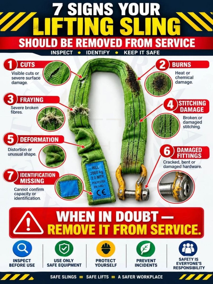 ExpertSamreen's tweet photo. ⚠️ Never ignore a damaged lifting sling—inspect before every lift and remove defective slings from service immediately. CONNECT US :
LINKEDIN: https://t.co/d4WDUu3UmL
FACEBOOK: https://t.co/rbG5IFrCt5
INSTAGRAM: https://t.co/cfzwnmgDZB #SlingInspection  #HSE #SafetyFirst https://t.co/SAg8V7DbHx