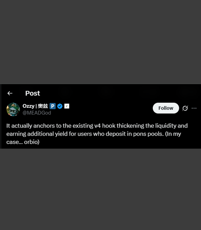 ProMint_X's tweet photo. Passive Income for Pons Users

Nobody noticed this

@MEADGod teased a new V4 hook feature

You deposit tokens into the pool, and the hook constantly trades with them buying low and selling high on small price fluctuations

You get tokenized stocks or tokens passively through this auto-arbitrage