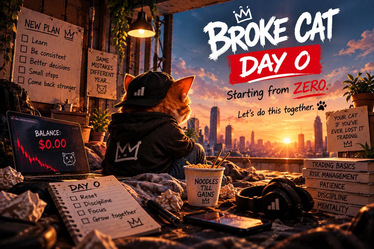 brokecatrobhin's tweet photo. 🐱 Meet Broke Cat.
He had money.
Then he discovered trading. 📉
Now he has a laptop, instant noodles and one last plan.
He's starting again from ZERO.
Been there too?
Then this is your cat.
Let's see how far we can go together. 👀
Day 0 begins now. https://t.co/D09wchwPoU