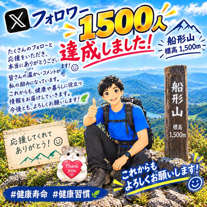 An anime-style illustration of a hiker giving a thumbs-up at a mountain summit marker labeled '船形山 標高 1,500m', celebrating reaching 1500 followers on X, with a small hamster holding a 'Thank you' heart.