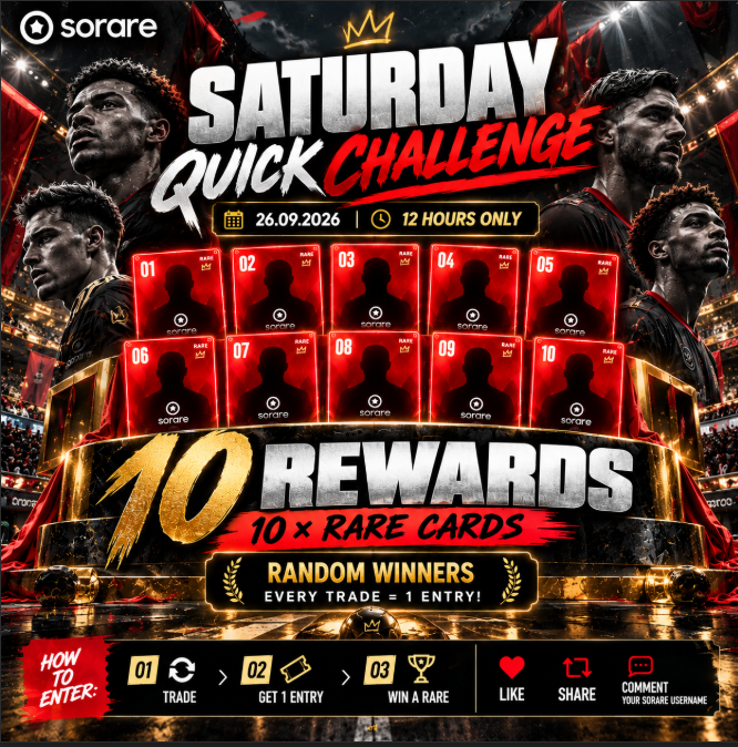 PawelTrader_'s tweet photo. 🚨 QUICK SATURDAY CHALLENGE IS LIVE! 🚨

⚡ 12 HOURS. 10 REWARDS. 10 RARE CARDS.

🎟️ EVERY TRADE = 1 ENTRY
🏆 10 RANDOM WINNERS
🔴 10× RARE CARDS

HOW TO ENTER:
1️⃣ Trade with me
2️⃣ Get 1 entry per trade
3️⃣ You could win a 7x RARE cards 👀
OR
❤️ Like
🔁 Share
💬 Comment your Sorare username - 3x RARE cards

⏰ ONLY 12 HOURS
More trades = more entries.

#Sorare #SorareTrading #SorareCommunity #SorareGiveaway
