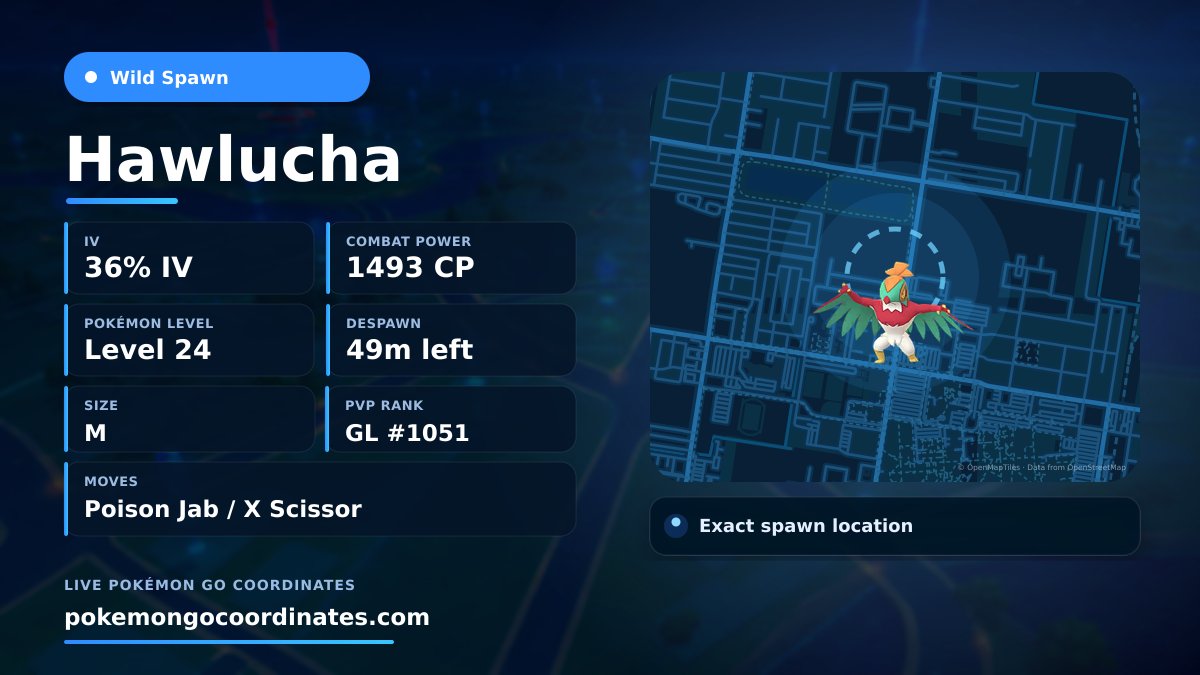 CoordsPokemonGo's tweet photo. #Hawlucha Wild Spawns
36% IV β’ 1493 CP β’ Level 24
Despawns in 49m
π 26.314209,-98.177009
#ShinyCheck β’ #PokemonGO https://t.co/qLZL7evnNV