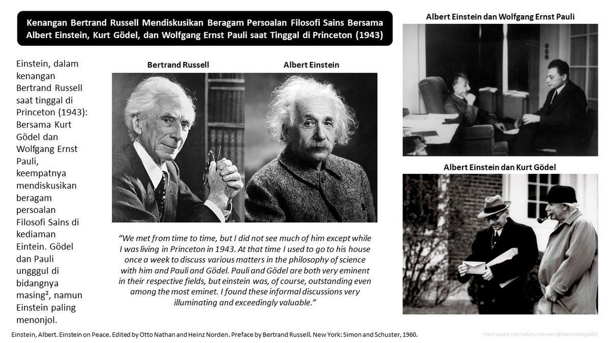 MethodologistID's tweet photo. Einstein, dalam kenangan Bertrand Russell saat tinggal di Princeton (1943): Bersama Kurt Gödel dan Wolfgang Ernst Pauli, keempatnya seminggu sekali mendiskusikan beragam persoalan Filosofi Sains di kediaman Einstein. Gödel dan Pauli ungggul di bidangnya, Einstein paling menonjol. https://t.co/fqbkCRfHRm