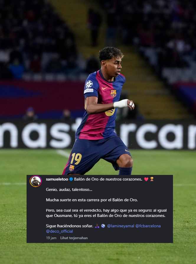 masbola_'s tweet photo. Samuel Eto’o memberikan dukungan untuk bintang muda Barcelona, Lamine Yamal melalui postingan-nya di Instagram 

"Ballon d'Or hati kita ❤️🏆

Jenius, Berani, Berbakat. Semoga sukses dalam perlombaan Ballon d'Or ini. Apa pun putusannya, satu hal yang pasti, seperti Ousmane, kamu sudah menjadi Ballon d'Or hati kita. 

Terus buat kami bermimpi".

Eto'o sudah memberikan pilihannya, kalau kamu siapa?