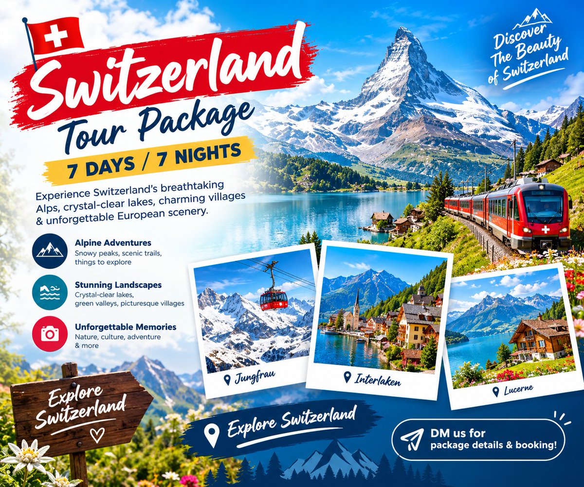 amalmaddi6's tweet photo. Switzerland Tour Package – 7 Days / 7 Nights!
✈️ 7 Days | 7 Nights
🏔️ Alpine Adventures
🏞️ Stunning Landscapes
📸 Unforgettable Memories
📩 DM us for package details &amp; booking!
#Switzerland #SwitzerlandTour #SwitzerlandTravel #EuropeTour #TravelPackage #ExploreSwitzerland https://t.co/zZLu6h2QAw