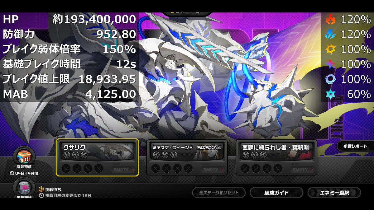 voya_zzz's tweet photo. 危局強襲戦 第46期 (9/25～10/9)
クサリク：1期ぶり、HP変化なし
フィーンド：5期ぶり、HP約17.2%増
釈淵：1期ぶり、HP変化なし
異性体・焦点残火：HP約14.3%増
#ゼンゼロ  #zzzero https://t.co/A8AMES8ZiO