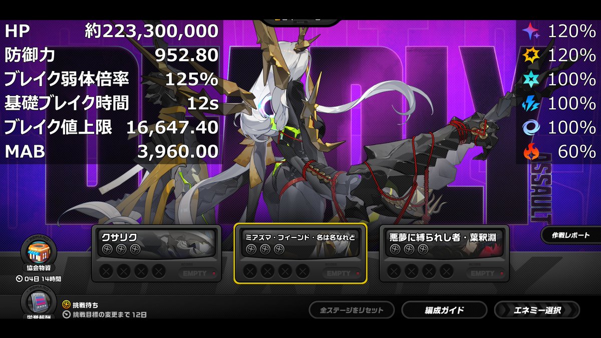 voya_zzz's tweet photo. 危局強襲戦 第46期 (9/25～10/9)
クサリク：1期ぶり、HP変化なし
フィーンド：5期ぶり、HP約17.2%増
釈淵：1期ぶり、HP変化なし
異性体・焦点残火：HP約14.3%増
#ゼンゼロ  #zzzero https://t.co/A8AMES8ZiO