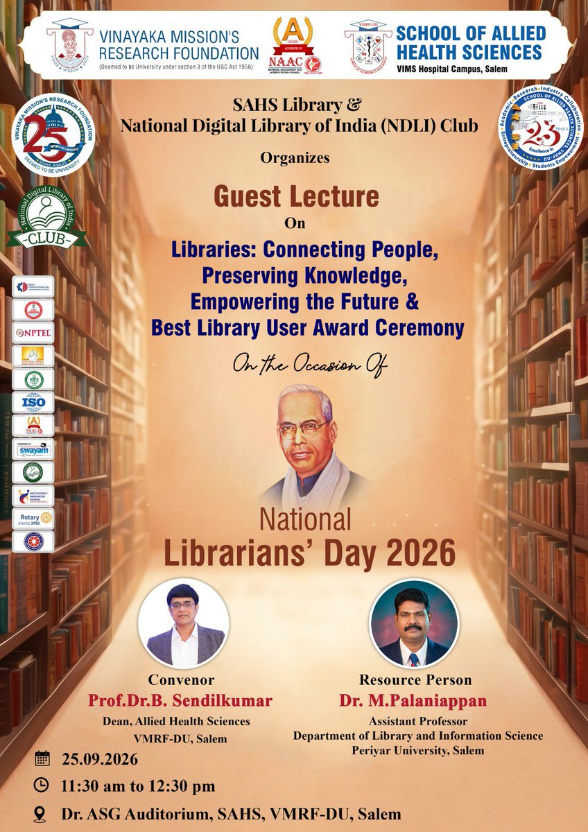 sahsvmrfsalem's tweet photo. National Librarian Day SAHS Library & (NDLI) Club, successfully organized a Guest Lecture on “Libraries: Connecting People, Preserving Knowledge, Empowering the Future”
#NationalLibraryDay #NDLI #awareness #promote #DigitalLibrary #librarycommunity https://t.co/WpceQnMe7E