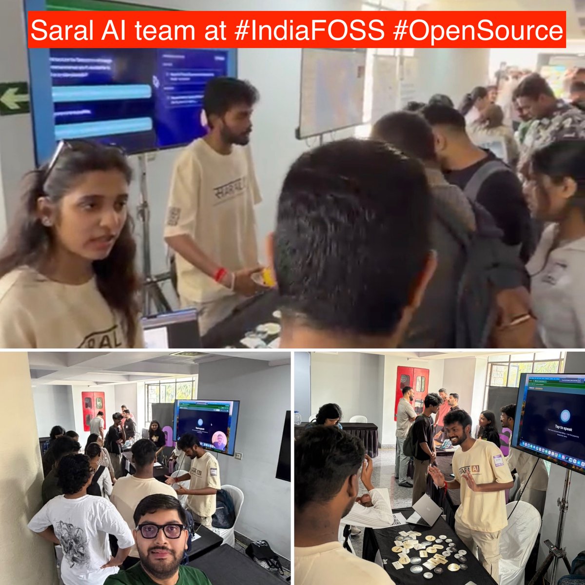 ponguru's tweet photo. 🔥 #SaralAI team having fun at #IndiaFOSS! Great traction at our booth… conversations, suggestions &amp; feedback from professionals, students, sponsors &amp; many others! Real users, real feedback, new ideas to make SaralAI better! #OpenSource #ANRF #ProfGiri /c @ANRFIndia @shivkuma_k https://t.co/zBTW1lNRfZ