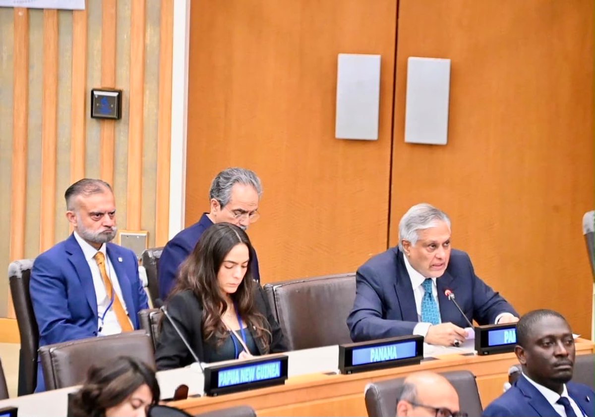 ForeignOfficePk's tweet photo. Deputy Prime Minister/Foreign Minister Senator Mohammad Ishaq Dar @MIshaqDar50 addressed the Annual Meeting of Foreign Ministers of the G-77 and China in New York. 

He underscored the need for unity in safeguarding the development agenda and keeping it central to the UN.

Highlighting challenges facing developing countries, including debt burdens, constrained fiscal space, climate vulnerabilities, and widening technology gaps, the DPM/FM called for translating agreed commitments into tangible outcomes, including the implementation of the Sevilla Commitment and reform of the international financial architecture.

He stressed that emerging UN mechanisms on AI must bridge technological divides and ensure developing countries have a meaningful voice in global AI governance. He also called for an equitable outcome of international tax negotiations and reaffirmed the principles of equity and Common but Differentiated Responsibilities in global climate action.

The DPM/FM reaffirmed Pakistan’s commitment to working closely with G-77 and China to advance a more equitable international economic order and keep development at the heart of the UN agenda.

#UNGA2026
