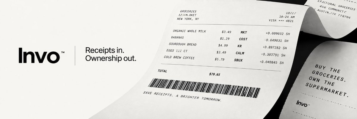 InvoUse's tweet photo. Invo turns everyday spending into real company ownership. You shop the way you already shop — Costco, Starbucks, Netflix, Nike, Amazon, Apple — keep the receipt, snap it, and a slice of that company’s actual listed stock lands in a wallet you control. Not points. Not cashback. Not a loyalty balance the brand can devalue later. Fractional shares of COST, NFLX, AAPL, AMZN, NKE, SBUX and more.

Three steps:
Shop as usual (in-store or online). No new card, no checkout change.

Upload the receipt. A human reviewer checks brand, date, total, and that it hasn’t been claimed. Usually minutes.

The brand’s reward rate (typically 2–5%) is converted at the live share price and settled to your wallet. 1,000 invos = one whole share.

Works in 120+ countries. No bank. No broker. No paperwork. Currently 24 listed companies, more being added.

CA：
0x1f672ae132e0e69d36b23e6c730c1db0f9b44c5e

Protocol fee is 1% of the reward’s notional value, taken on issuance — never deducted from the balance you already see. 75% of those fees buy $INVO on the open market and burn it forever. The rest funds receipt review, custody, and brand expansion. Burn scales with real receipt volume. No emissions schedule. No staking yield propping the token.