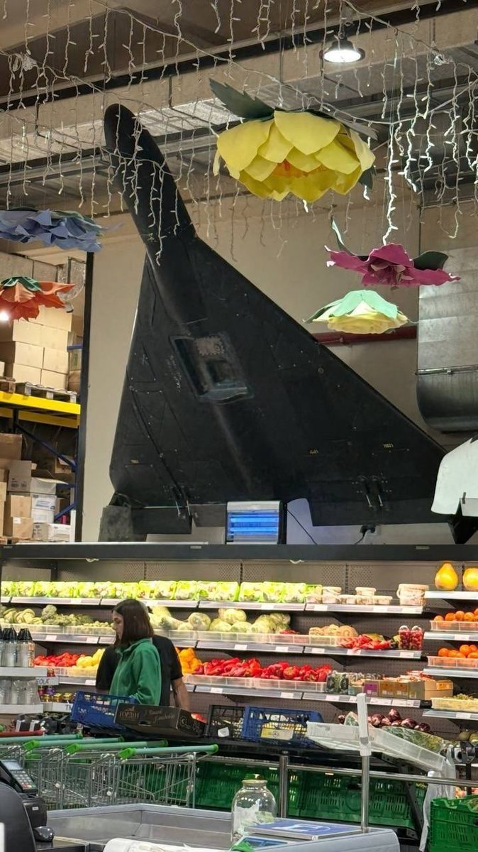 bayraktar_1love's tweet photo. One of the Russian Shaheds downed over Ukraine has ended up as decoration in a local supermarket. https://t.co/8eFlkZKntx