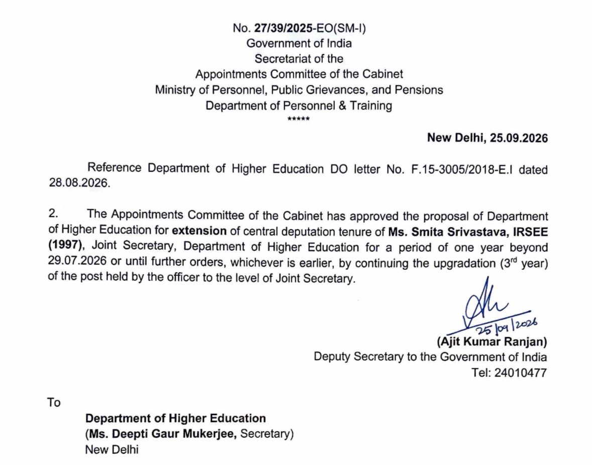 CSSforum_'s tweet photo. #DoPT 
Ms. Smita Srivastava, IRSEE (1997), Joint Secretary, Department of Higher Education, has been granted extension of her central deputation tenure for one year beyond 29.07.2026 or until further orders, whichever is earlier, with continuation of the 3rd-year upgradation of the post to the level of Joint Secretary, as approved by the Appointments Committee of the Cabinet (ACC).