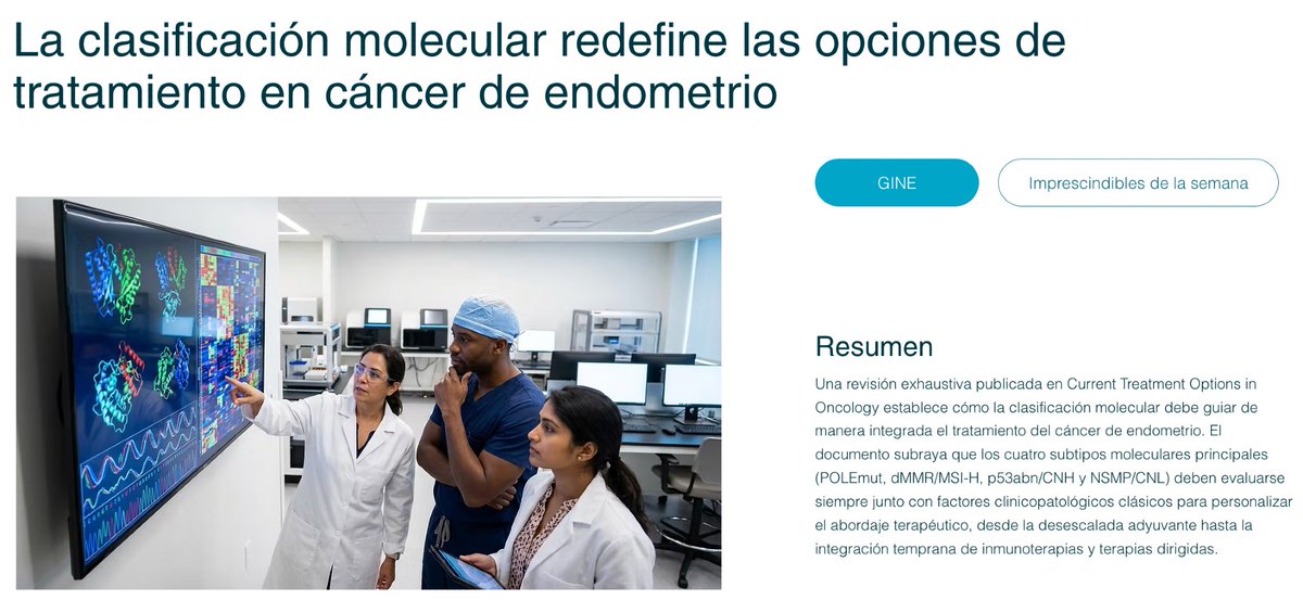 OncobitesTv's tweet photo. 👩‍⚕️ #GineOnco | Clasificación molecular en cáncer de endometrio

Una reciente revisión narrativa detalla cómo integrar los 4 fenotipos moleculares en el algoritmo terapéutico, transformando el paradigma de tratamiento:
✔️ POLEmut: Pronóstico favorable y desescalada adyuvante.
✔️ dMMR/MSI-H: Alta sensibilidad a inmunoterapia.
✔️ p53abn/CNH: Alto riesgo que requiere intensificación.
✔️ NSMP/CNL: Alta heterogeneidad y estratificación secundaria.

💡 La biología tumoral ya es el pilar fundamental para diseñar un itinerario terapéutico personalizado.

📲 Descubre más aquí 👉 https://t.co/IwnvxyILfq

#Oncología #CáncerDeEndometrio #BiologíaMolecular #MedicinaDePrecisión #OncoBites