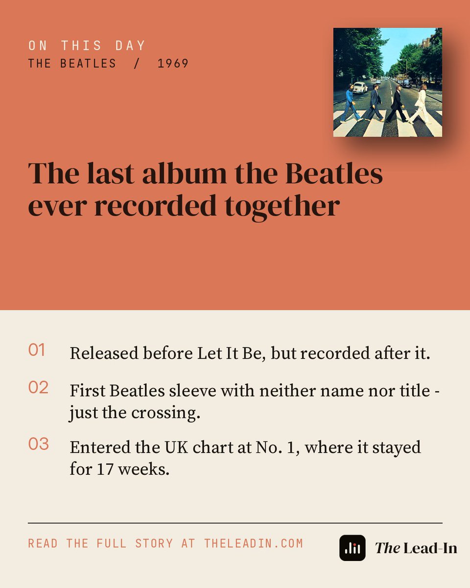 TheLead_in's tweet photo. On this day in 1969, The Beatles released Abbey Road. The last album the Beatles ever recorded together.
https://t.co/6zd1S5rVaH
#thebeatles #abbeyroad #onthisday #vinylcommunity #vinyl https://t.co/Se6b3dpejF