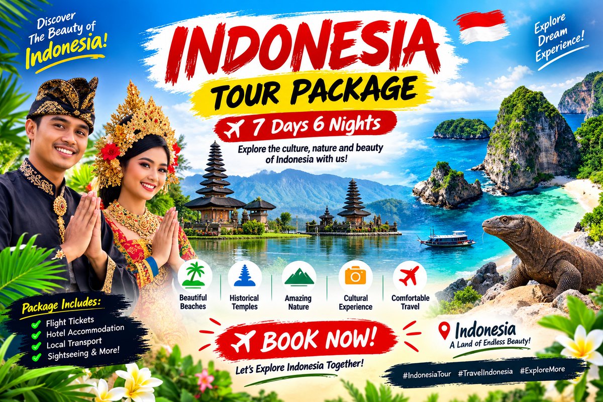 amalmaddi6's tweet photo. Indonesia Tour Package – Your Tropical Escape!

✈️ Explore Indonesia
🏖️ Beach &amp; Island Adventures
🛕 Culture &amp; Sightseeing
📸 Unforgettable Memories
📩 DM us for package details &amp; booking!
#IndonesiaTour #IndonesiaTravel #BaliTour #BaliTravel #TourPackage #Travel2026 https://t.co/dWvEx3eB2y