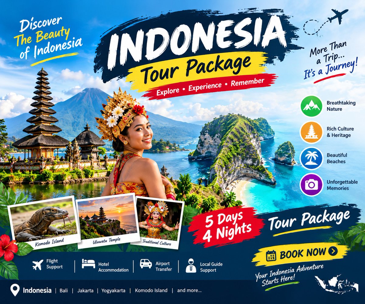 amalmaddi6's tweet photo. Indonesia Tour Package – Your Tropical Escape!

✈️ Explore Indonesia
🏖️ Beach &amp; Island Adventures
🛕 Culture &amp; Sightseeing
📸 Unforgettable Memories
📩 DM us for package details &amp; booking!
#IndonesiaTour #IndonesiaTravel #BaliTour #BaliTravel #TourPackage #Travel2026 https://t.co/dWvEx3eB2y