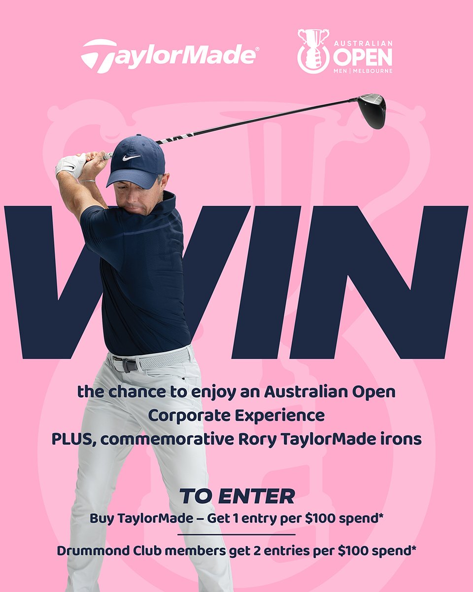 drummondgolf's tweet photo. Spend $100 on TaylorMade to see the Aus Open up close 🤩

You'll win Corporate Hospitality at the Men's Australian Open, return flights to Melbourne, and a $150 TaylorMade gift pack.

Secure your entry now: https://t.co/LgD8XK1jZ9

#AustralianOpen #TaylorMadeGolf #RoryMcIlroy https://t.co/KDSSpbZpIB