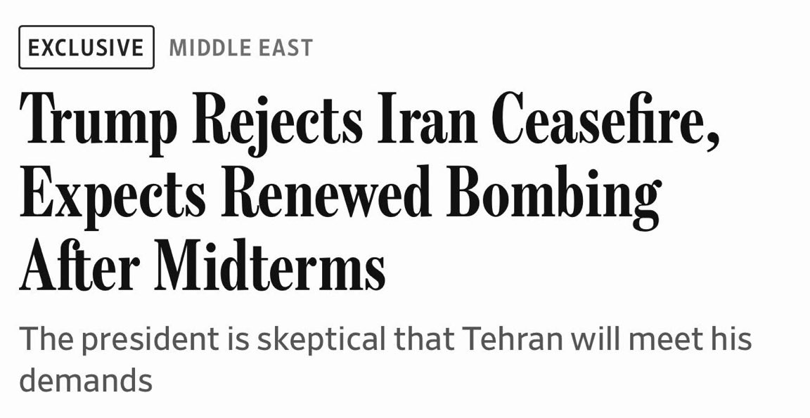 bitcoin2go's tweet photo. 🔥 Es ist mal wieder Wochenende und damit Zeit für Eskalation zwischen 🇺🇸 und 🇮🇷

Laut WSJ lehnt Trump einen von Iran vorgeschlagenen siebentägigen Waffenstillstand ab.

Er rechnet damit, die Bombardierungen nach den Zwischenwahlen wieder aufzunehmen.

Der iranische Vorschlag beinhaltete Sanktionserleichterungen und eine Aufhebung der Blockade, um die Straße von Hormuz wieder zu öffnen.

Ein US-Regierungsvertreter sagt, der Tankerverkehr durch Hormuz laufe bereits wieder an, was die Dringlichkeit für einen Deal auf US-Seite senke.

Zusammenfassung: The Show must go on. 

Schönes Wochenende euch!