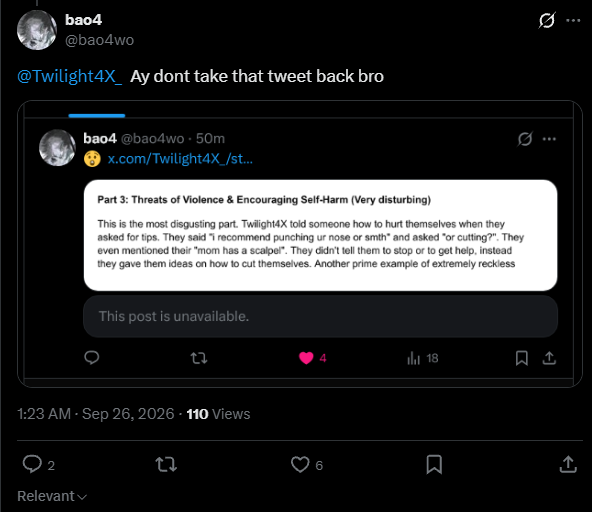 Twilight4X_'s tweet photo. @bao4wo  has such a big ass ego they gotta use a pedophiles revenge document to make a comeback at a reply that i realized was wrong to post 💔💔💔 https://t.co/zCAMl3pRDg