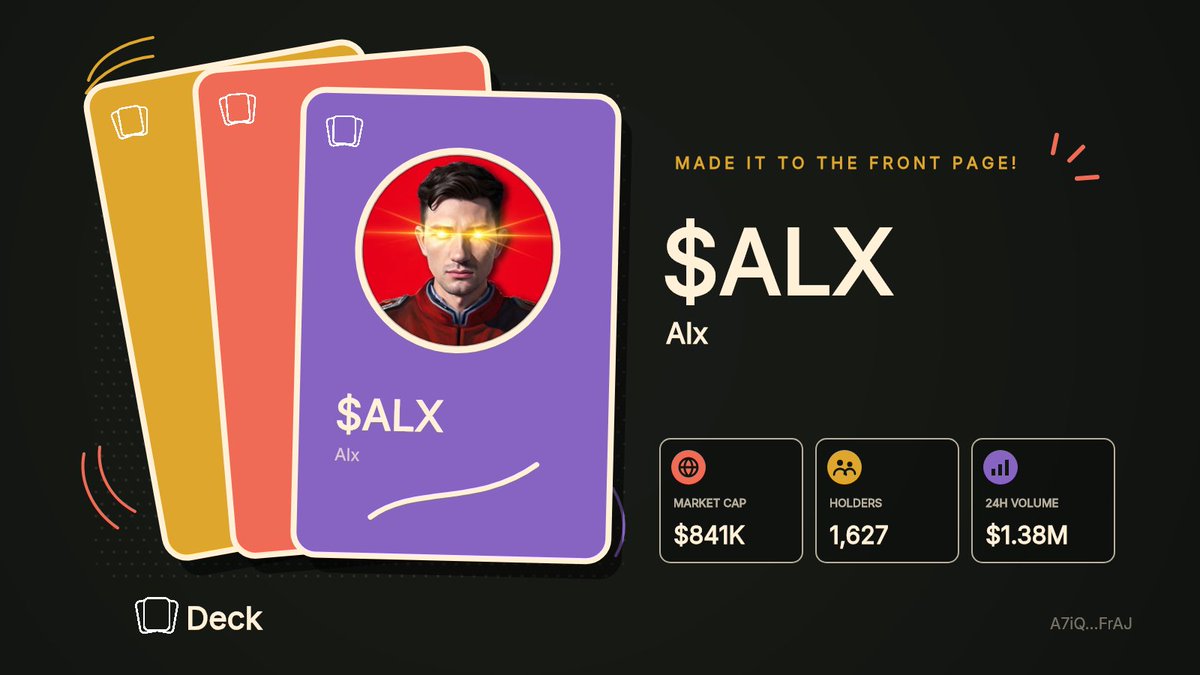 deckfrontpage's tweet photo. $ALX is on the front page of Deck!

Alx
Market Cap: $841K, Holders: 1,627

A7iQ8N5jKDrg1YUxJ7v8aN5AtkwJaUTNhq1jZ8YLFrAJ

https://t.co/OPmpwFNCtK

Follow @deckdotfun to learn more about Deck. https://t.co/lqDh61rFOS