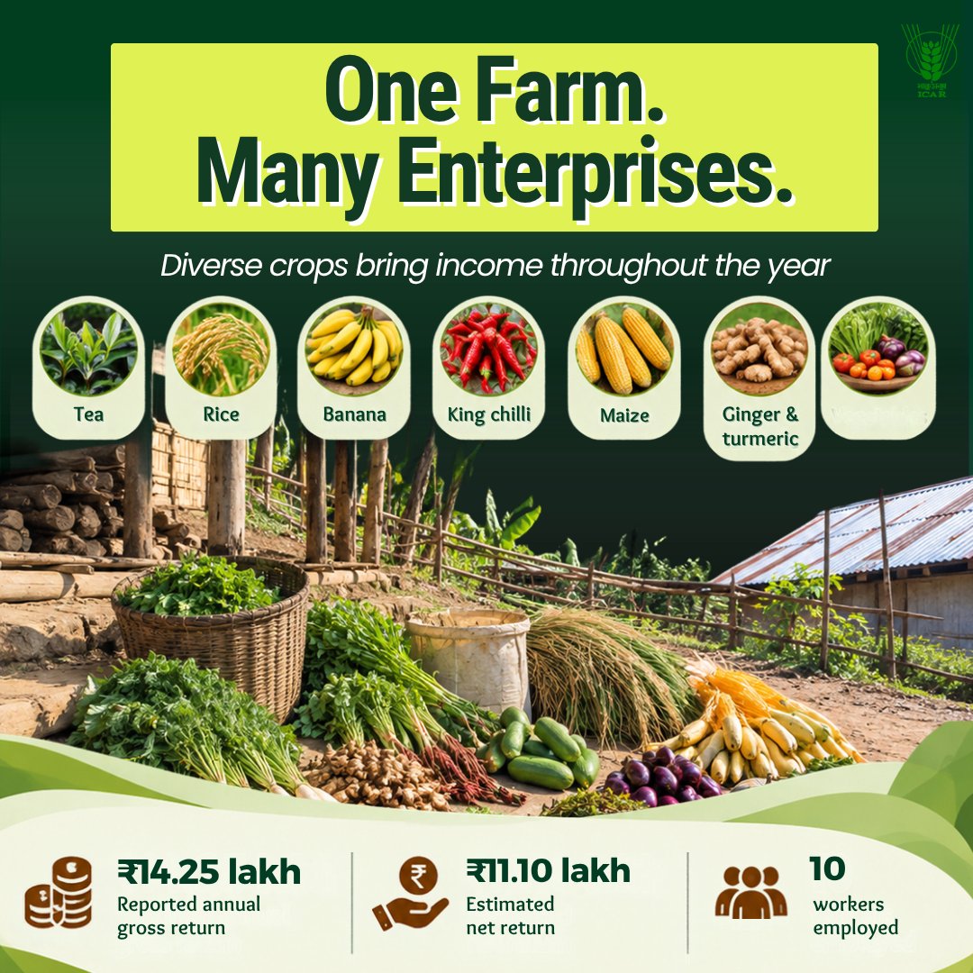 icarindia's tweet photo. From 3 acres to a 12-acre natural farm, Shri Mantuk Phom’s journey with ICAR-KVK Longleng shows how training, innovation &amp; support can help farmers grow sustainably. #ICAR @ChouhanShivraj @PIB_India @AgriGoI https://t.co/Jh5uWv4N6I