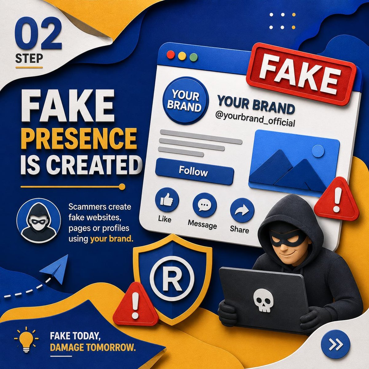 Protectwajahat's tweet photo. How does brand impersonation actually work?

Most people think impersonation starts with a fake page.

It doesn't.

It starts with trust.

Scammers copy your logo, brand name, website design, social media presence, and even your communication style.
.

#BrandProtection #dmca https://t.co/s2pqvpXfGi