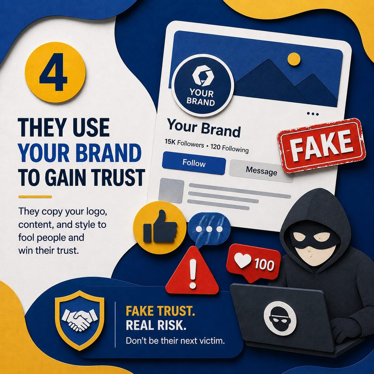 Protectwajahat's tweet photo. How does brand impersonation actually work?

Most people think impersonation starts with a fake page.

It doesn't.

It starts with trust.

Scammers copy your logo, brand name, website design, social media presence, and even your communication style.
.

#BrandProtection #dmca https://t.co/s2pqvpXfGi