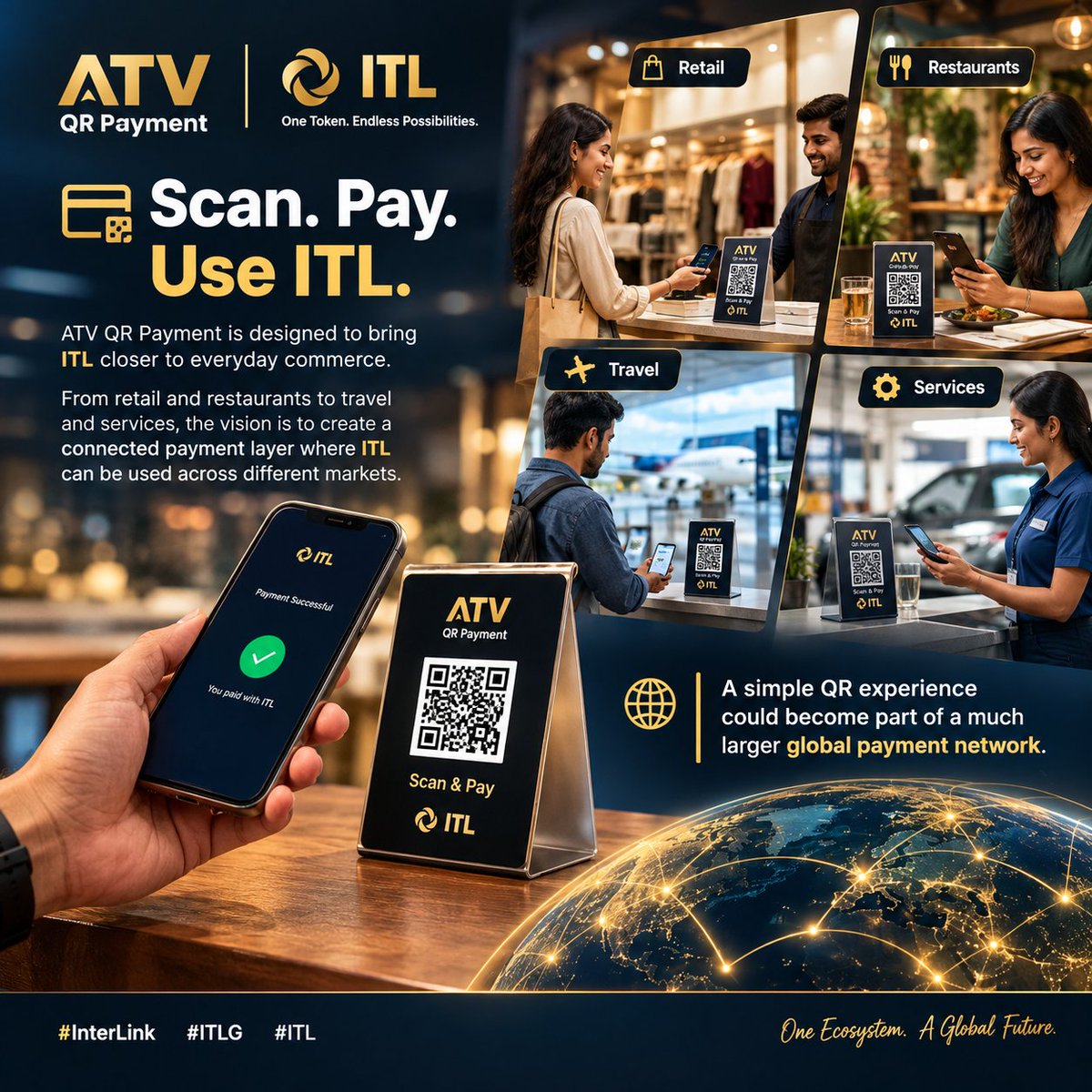 ekambaram143's tweet photo. 💳💙 SCAN. PAY. USE ITL! ✨
ATV QR Payment brings ITL to everyday commerce worldwide! 🚀🌐
#InterLink #ITL #ATV #PayWithITL #Web3 https://t.co/Ie46a0zkF8